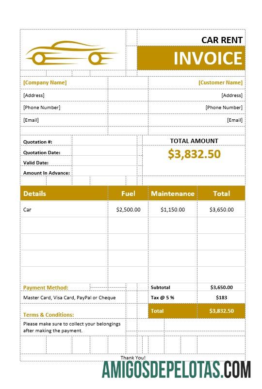 Fatura de aluguel de carro exemplo